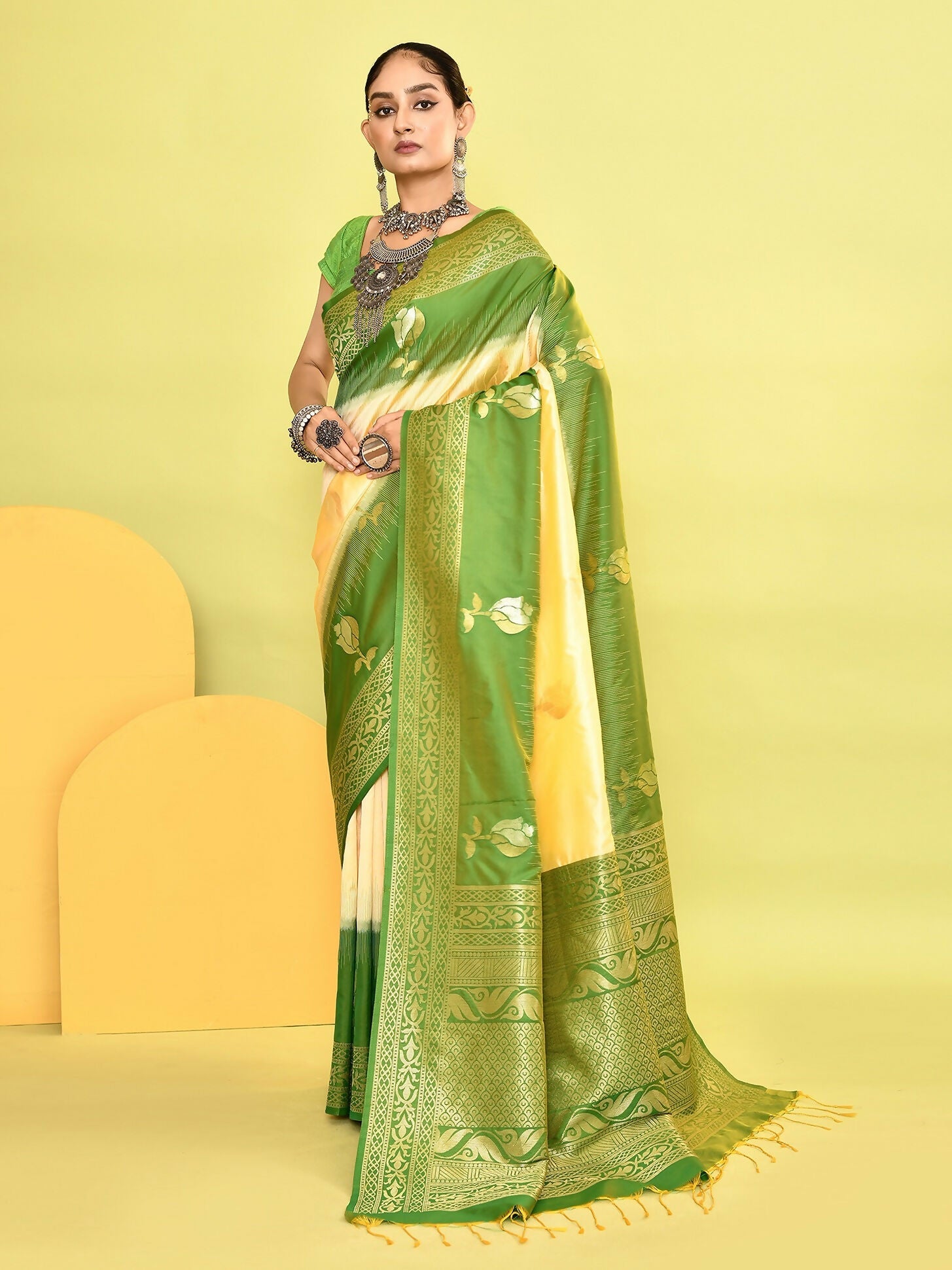 Light Yellow & Parrot Green Banarasi Silk Saree with Woven Border