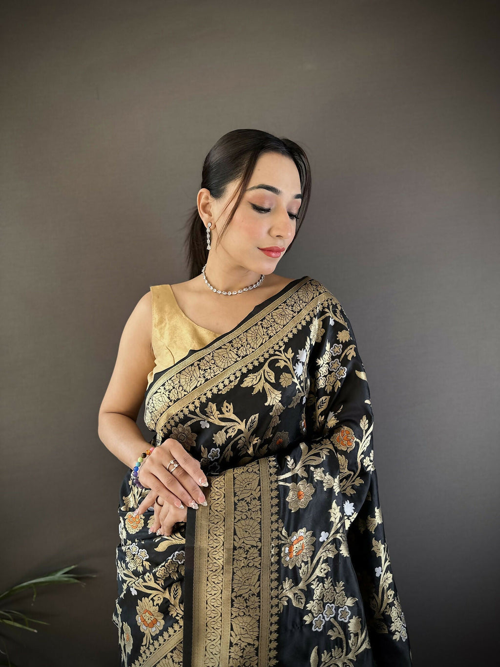 Black Soft Silk Meenakari Banarasi Saree with Floral Motifs