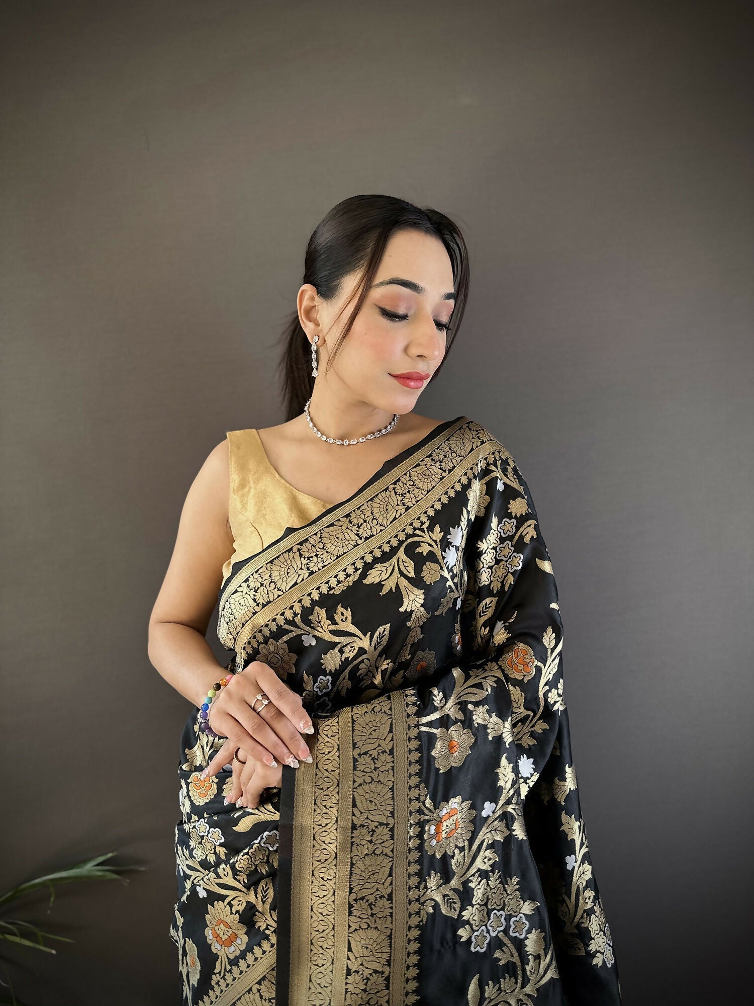 Black Soft Silk Meenakari Banarasi Saree with Floral Motifs