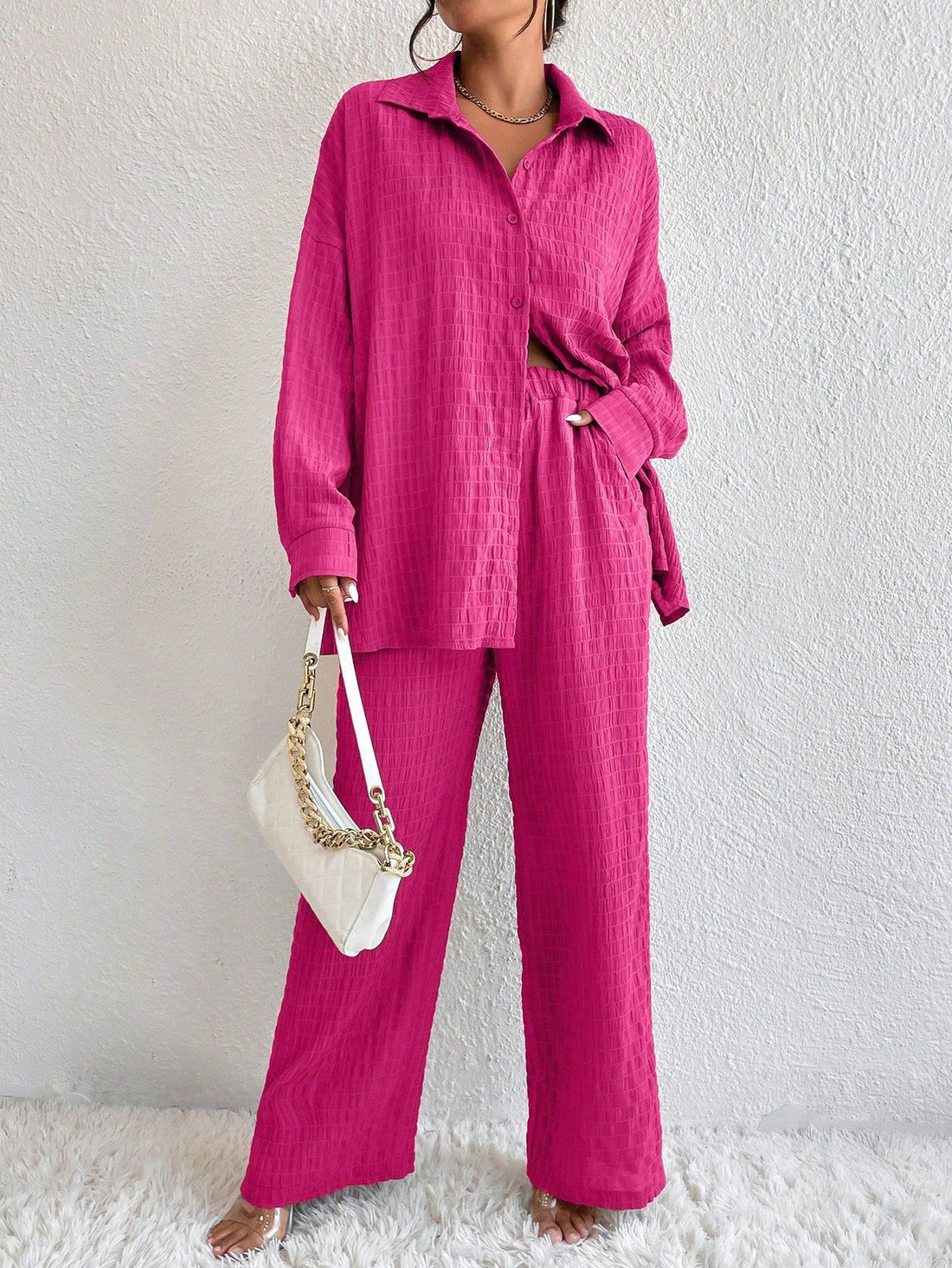 Women's Pleated Long Sleeve Lapel Two-Piece Set Loose Fit - Image 10