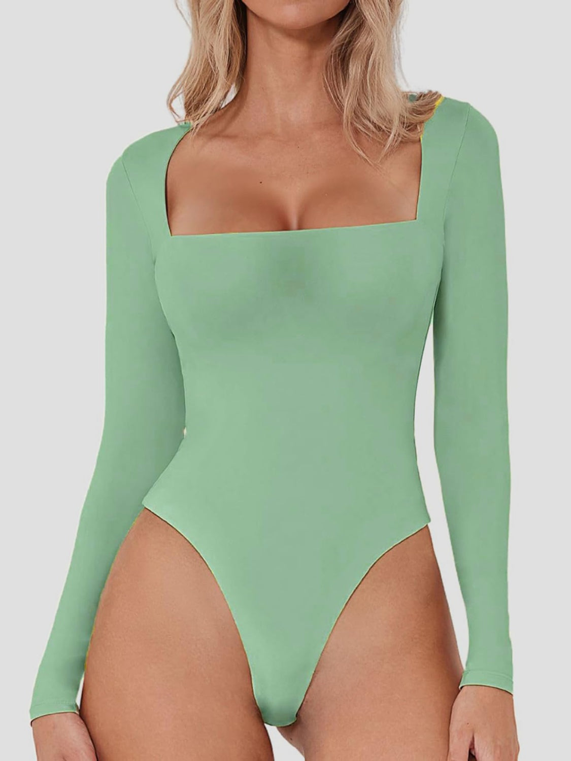 Women's Black Long Sleeve Square Neck Bodysuit Basic Slim Fit - Image 21