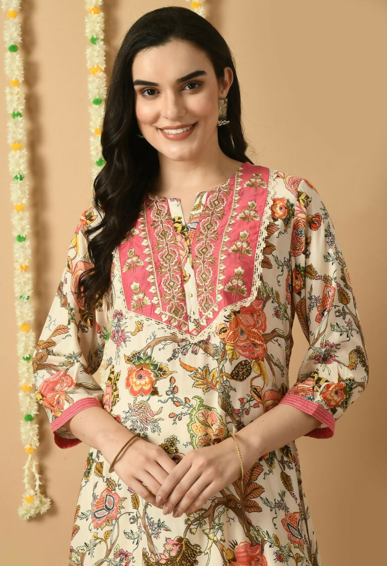 White Maslin Kurta Set with Cotton Bottom - Elegant Ethnic Suit