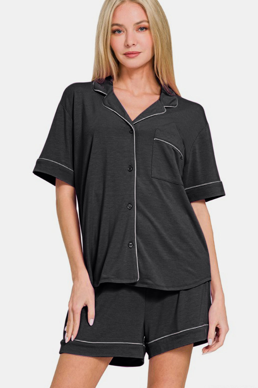 Zenana Button Down Short Sleeve Lounge Set