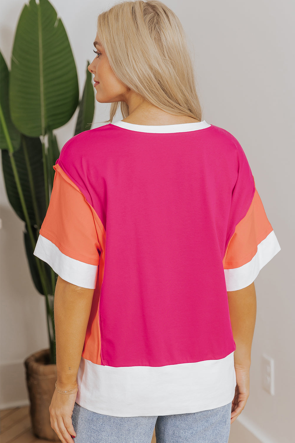 Rose Red Color Block Patchwork Side Slit Loose T-Shirt