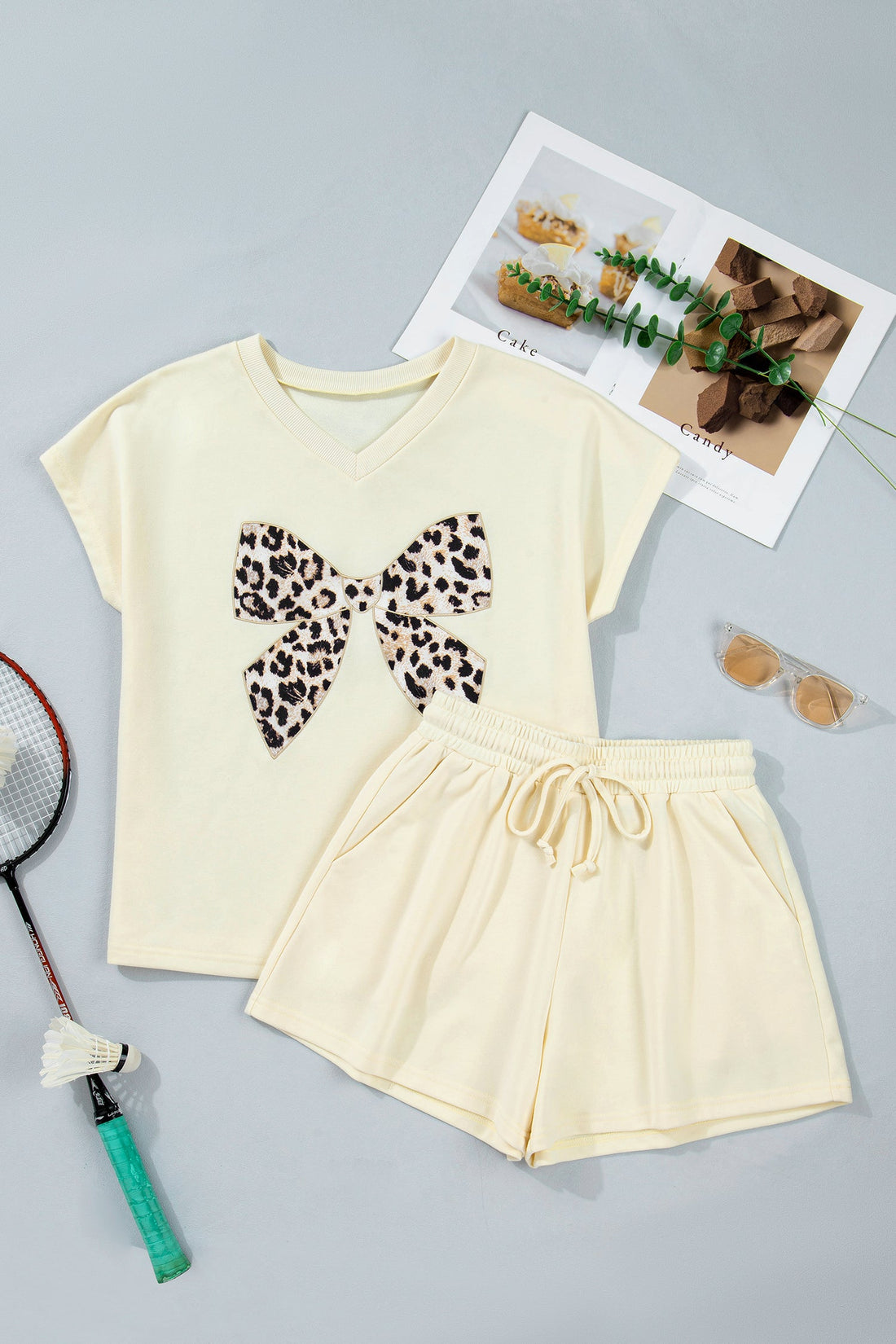 Leopard Bow Patch V-Neck Tee and Drawstring Shorts Set - Image 2