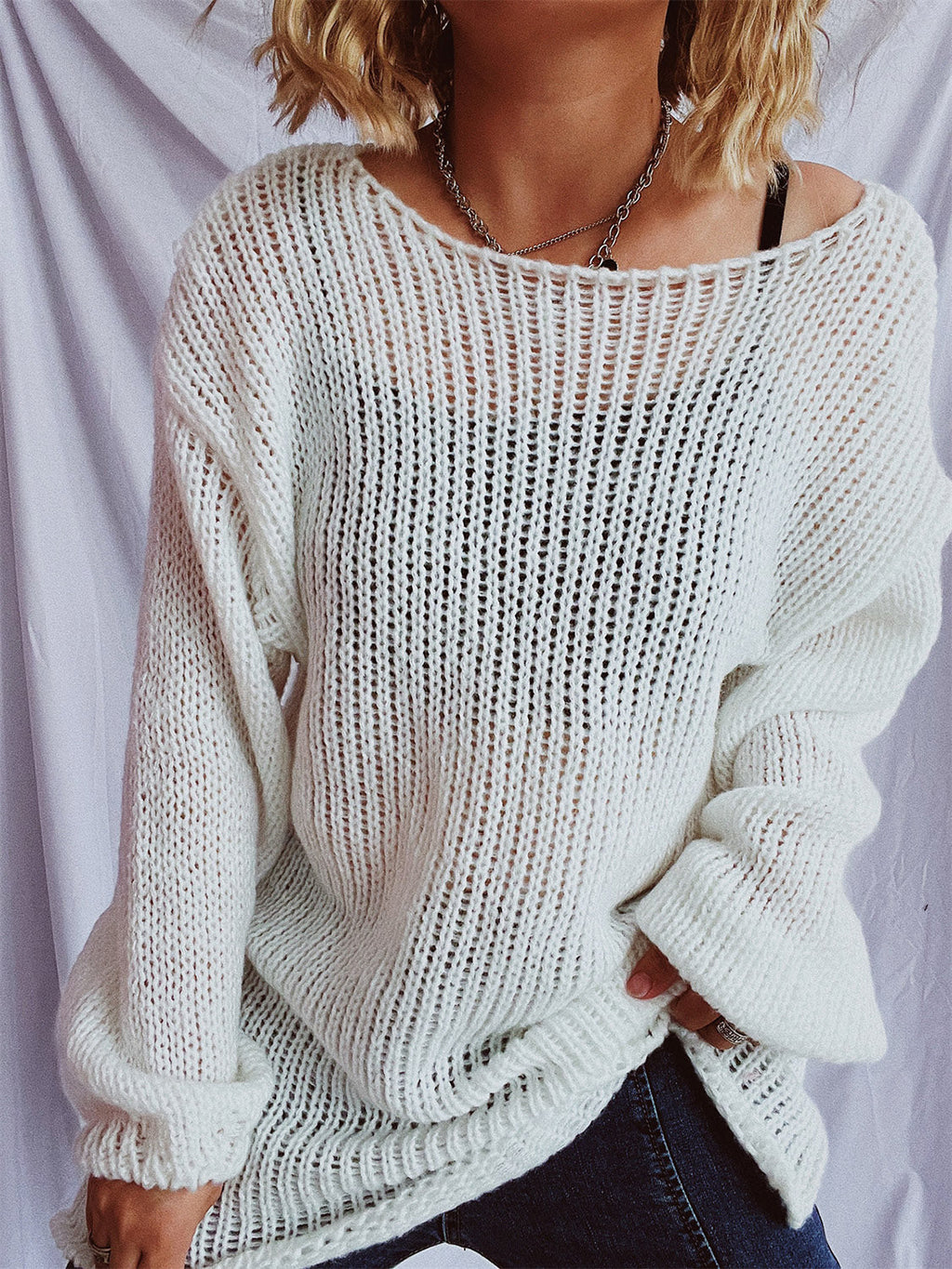 Women's White Boat Neck Dropped Shoulder Loose Knit Sweater - Image 3