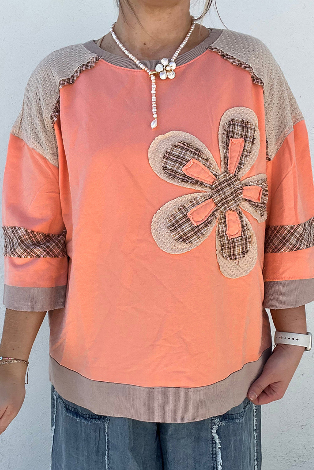 Grapefruit Orange Plaid Waffle Flower Patchwork Bracelet Sleeve Top