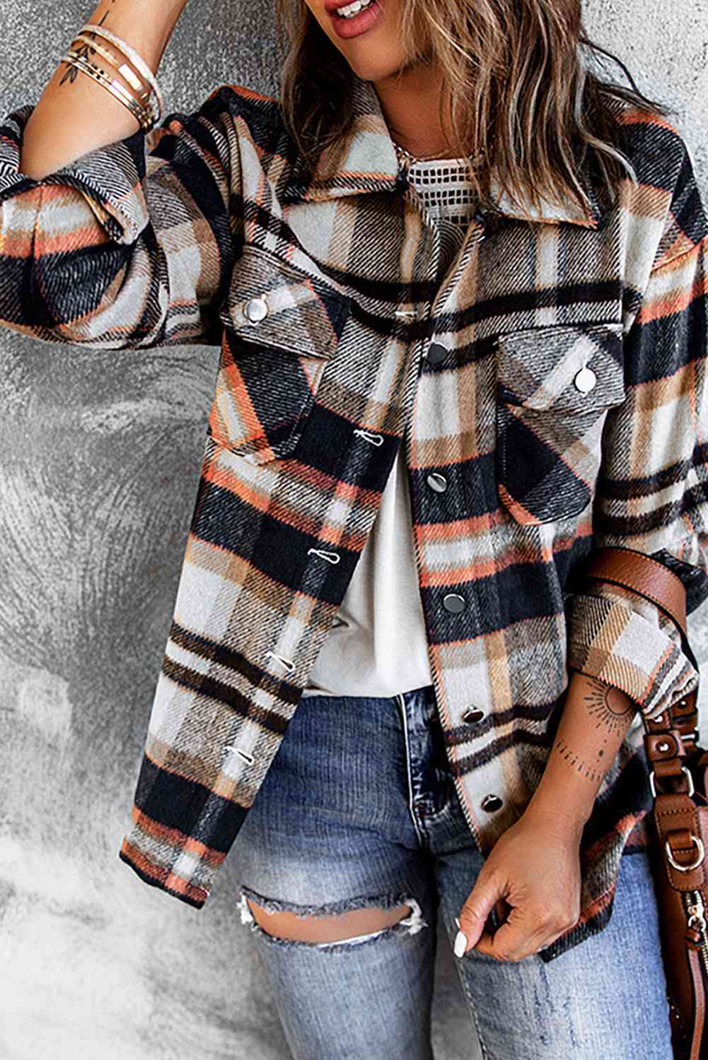 Women's Classic Plaid Button Front Shirt Jacket