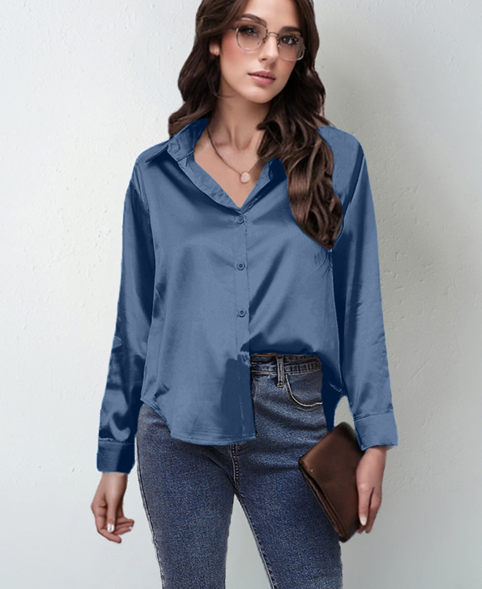 Women’s Satin Lapel Button-Down Blouse Long Sleeve Shirt