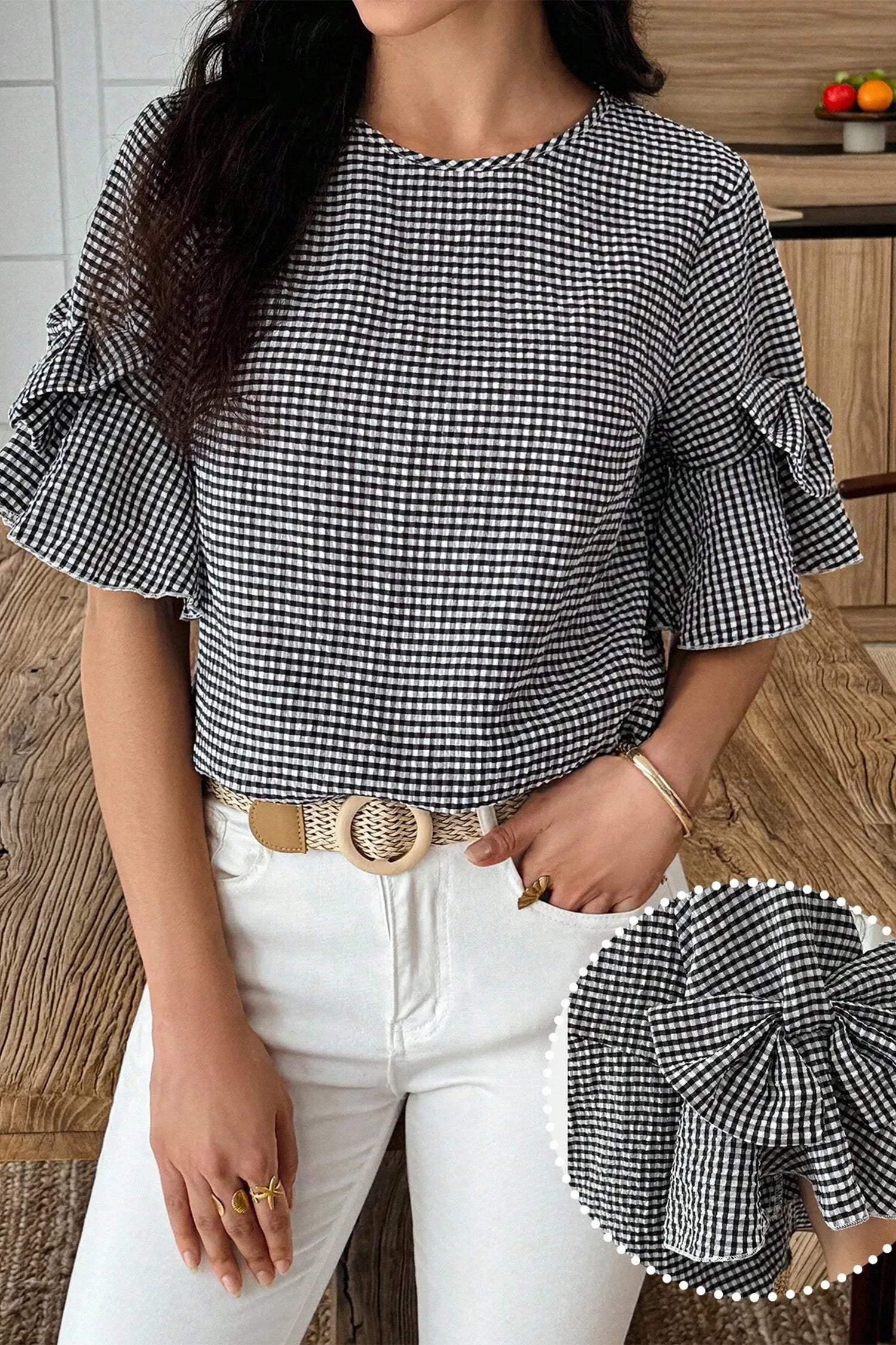Carolina Ruffled Half Sleeve Blouse with Bow Detail and Plaid