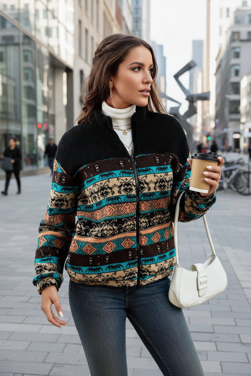 Women's Black Double-Sided Plush Zip-Up Cardigan - Stand Collar Winter Jacket