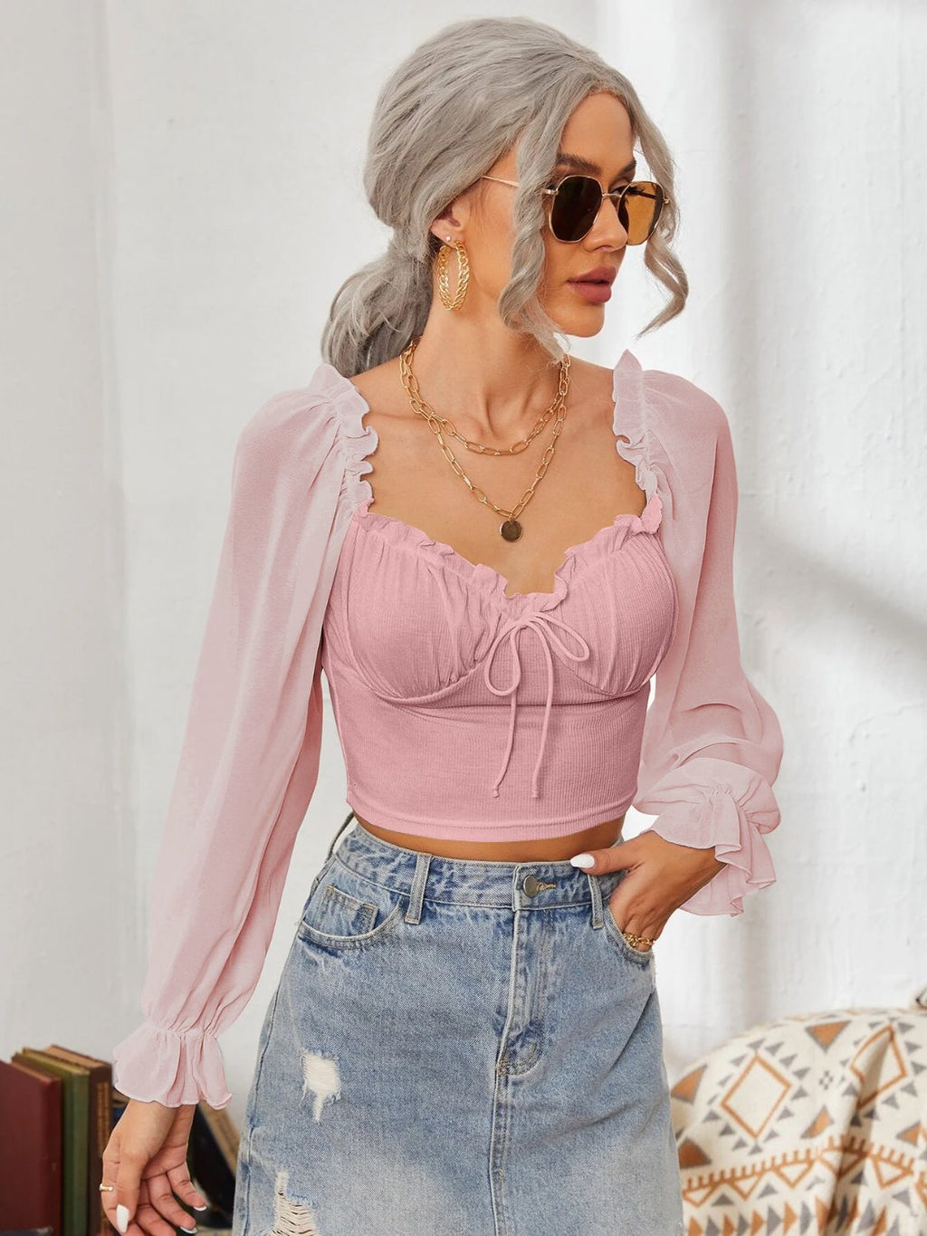Mesh Sweetheart Neck Flounce Sleeve Top with Ruffled Detail - Image 15