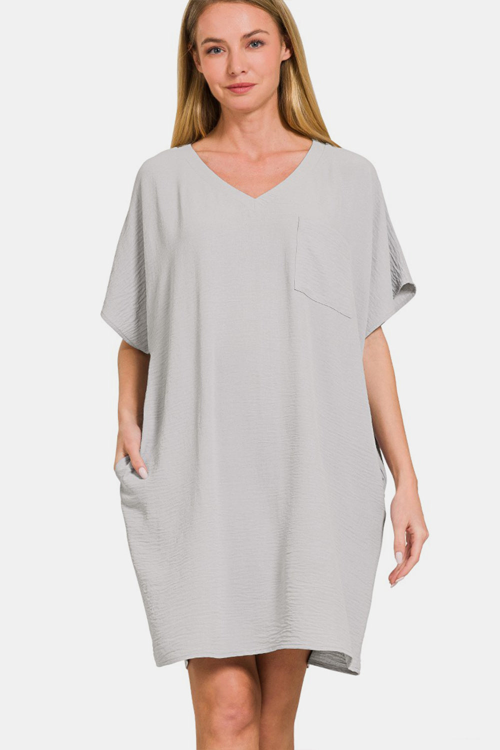 Women's V-Neck Tee Dress with Pockets, Casual Chic Relaxed Fit