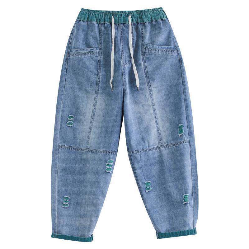 Women's Ripped Drawstring Waist Jeans Casual Denim Pants - Image 2