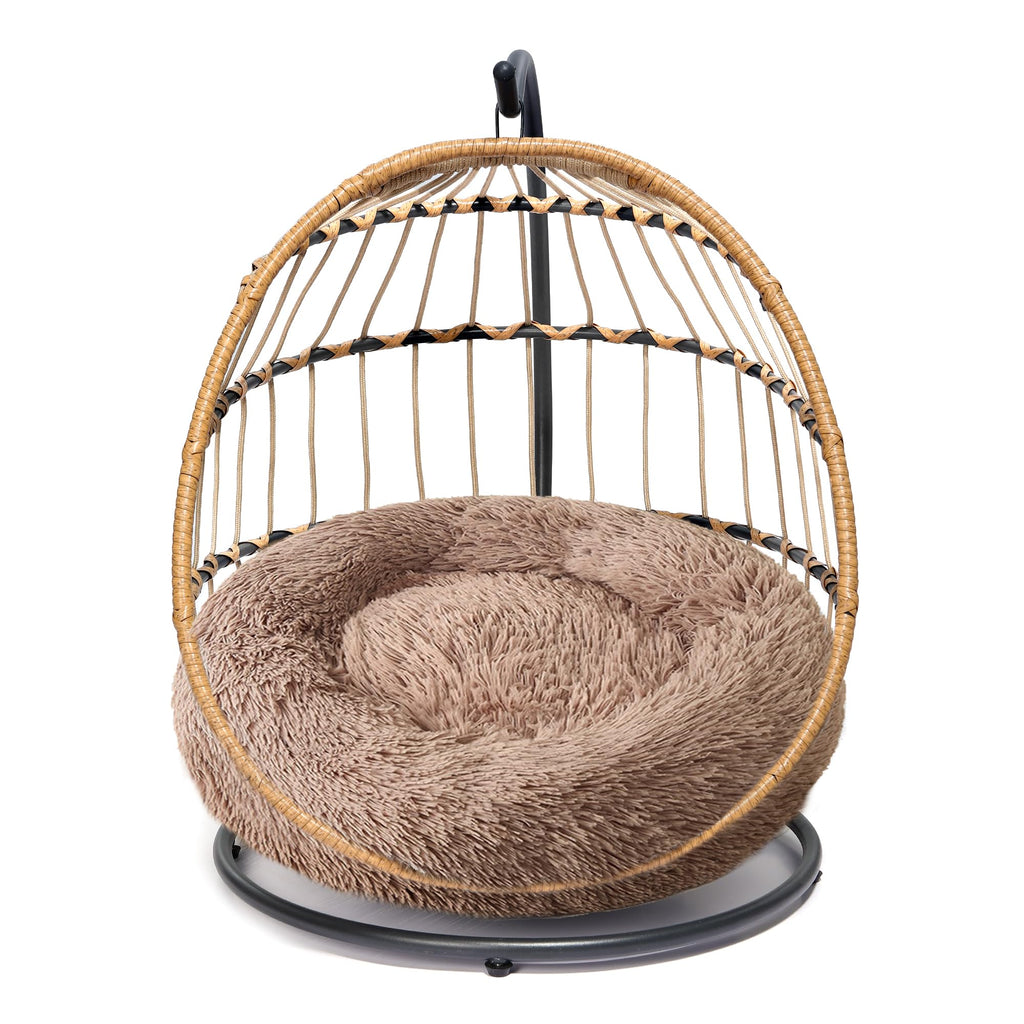 SWITTE Cat Bed Pet Egg Chair Hanging Swing Bed Hand Made Rattan Hammock with Removable Soft Cushion Easy Cleaning Suitable Small Dog & Cats and Indoors & Outdoors-Khaki