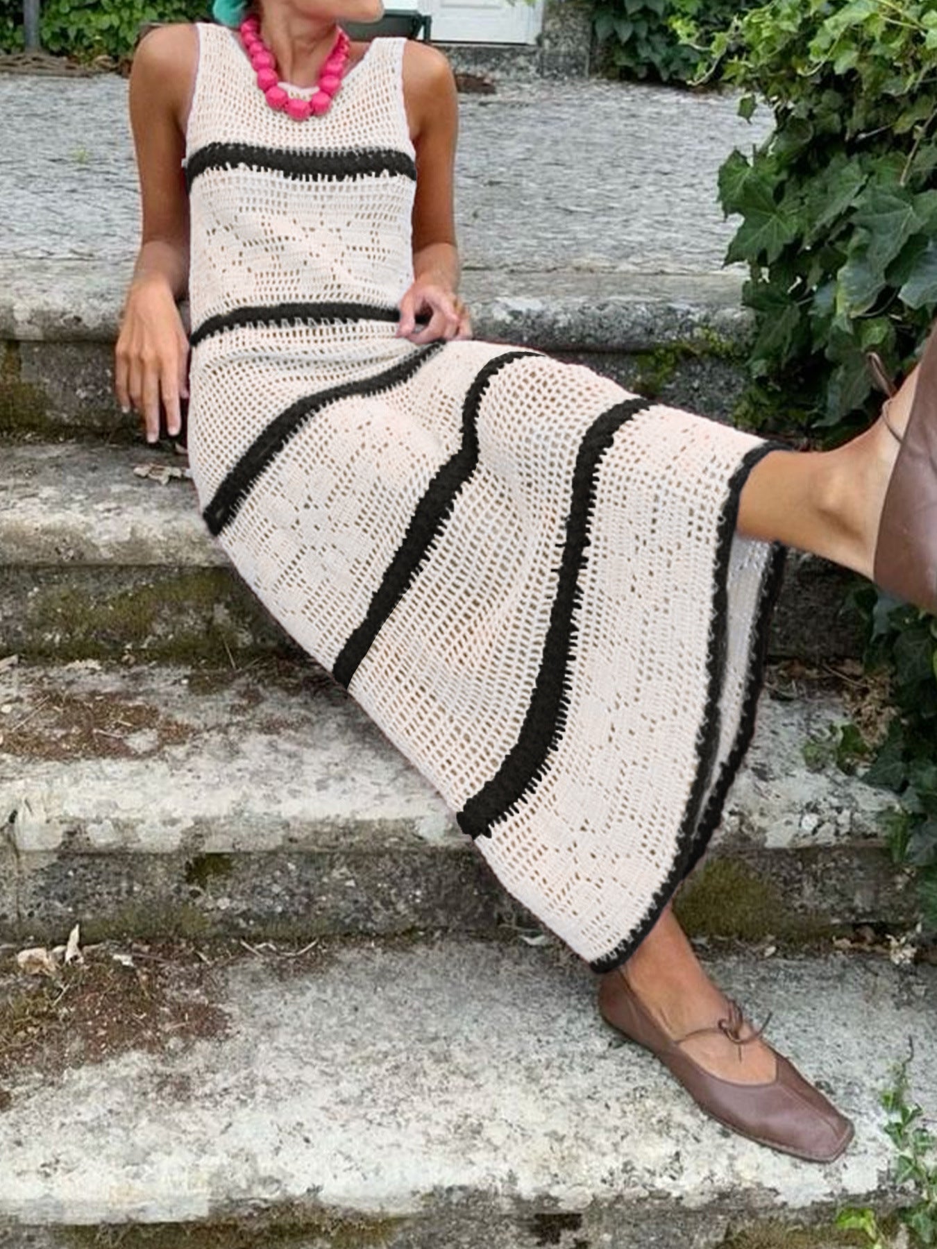 Knitted Contrast Color Hollow Vest Dress – Sleeveless Long Skirt