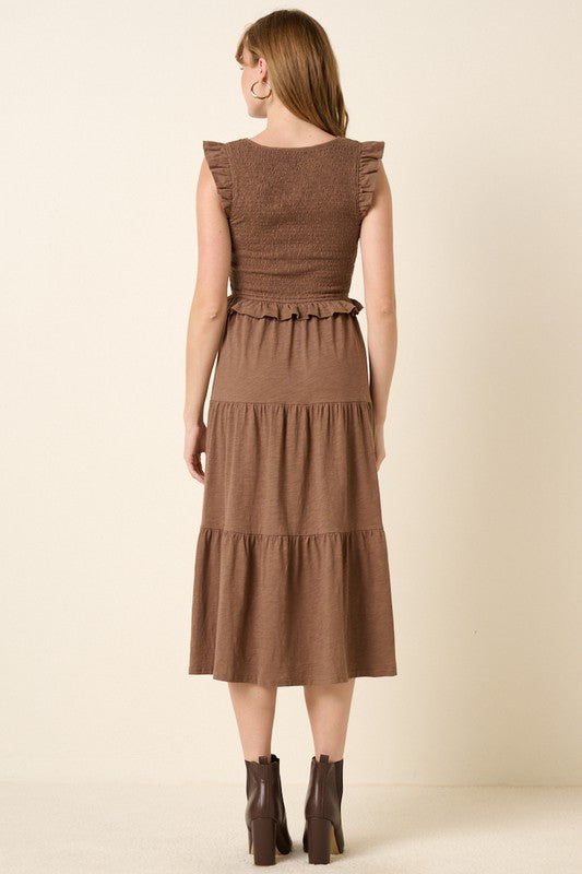 Smocked Ruffled Tiered Midi Dress - Boho Chic Brown Dress