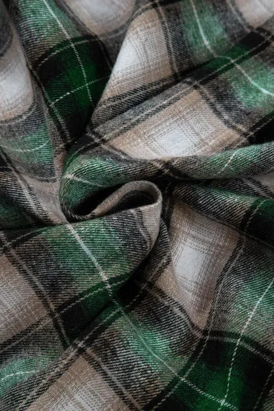 Dark Green Plaid Drawstring Hooded Jacket with Pockets