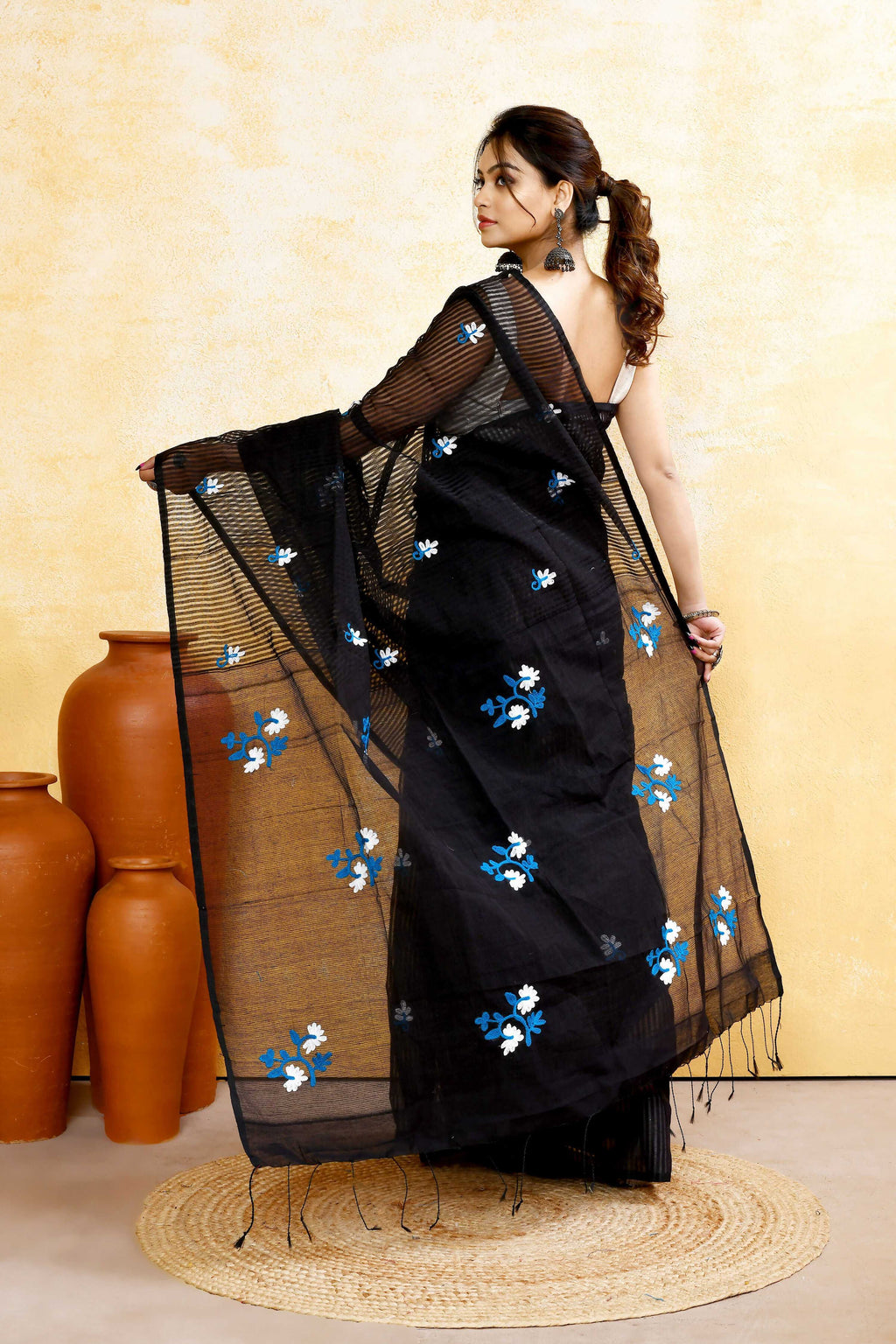 Black Cotton Blend Saree with Embroidered Embellishments