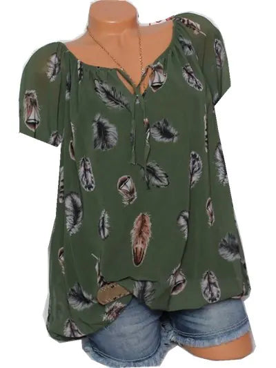 Women's Loose Fit V-Neck Feather Print Blouse Casual Summer Top - Image 10