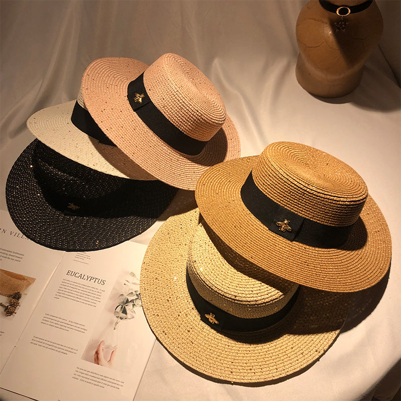 Retro Gold Woven Straw Hat – European & American Flat Top Adjustable Sun Hat
