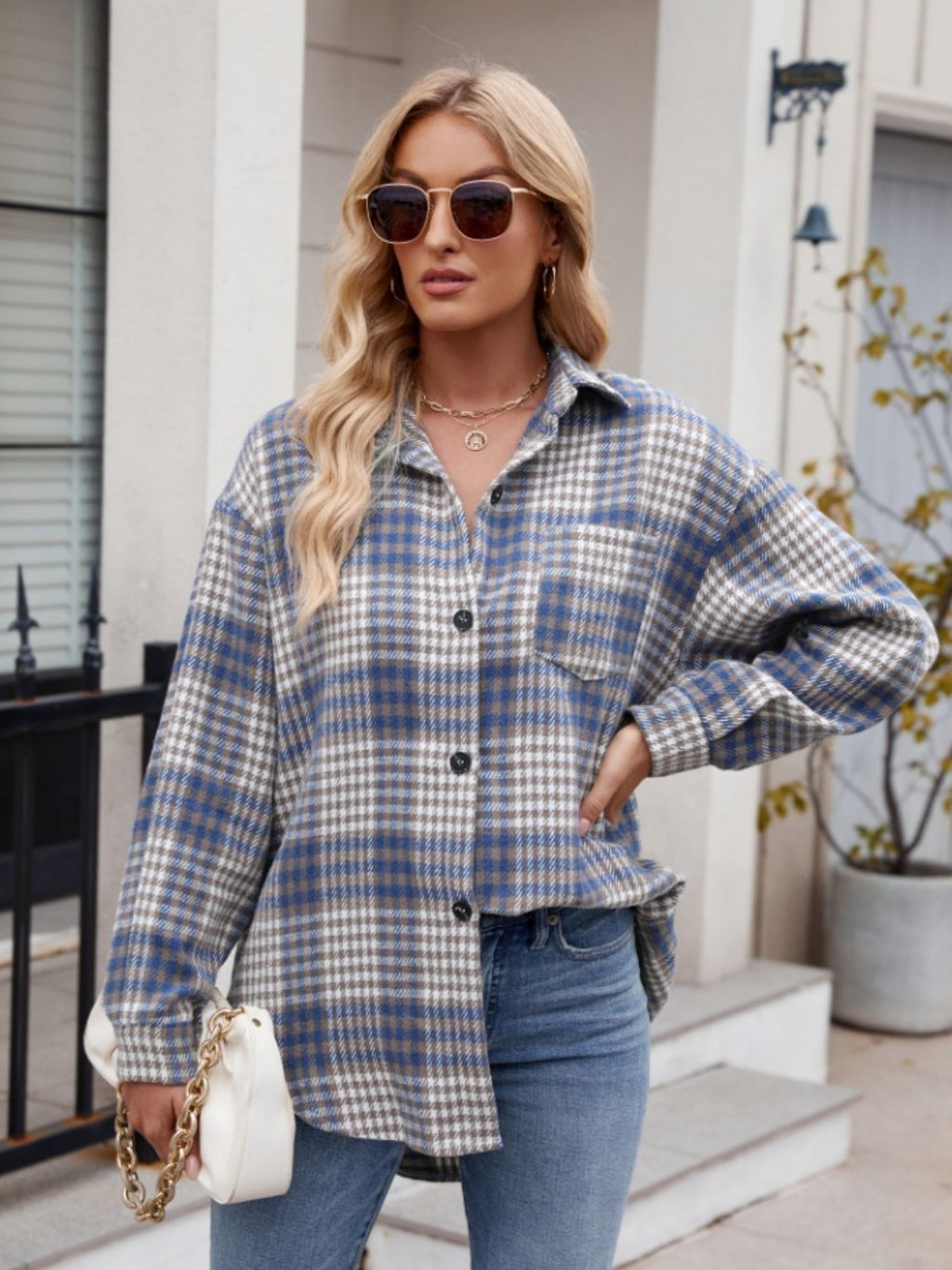 Women's Plaid Button-Down Shirt Oversized Casual Long Sleeve Top - Image 15