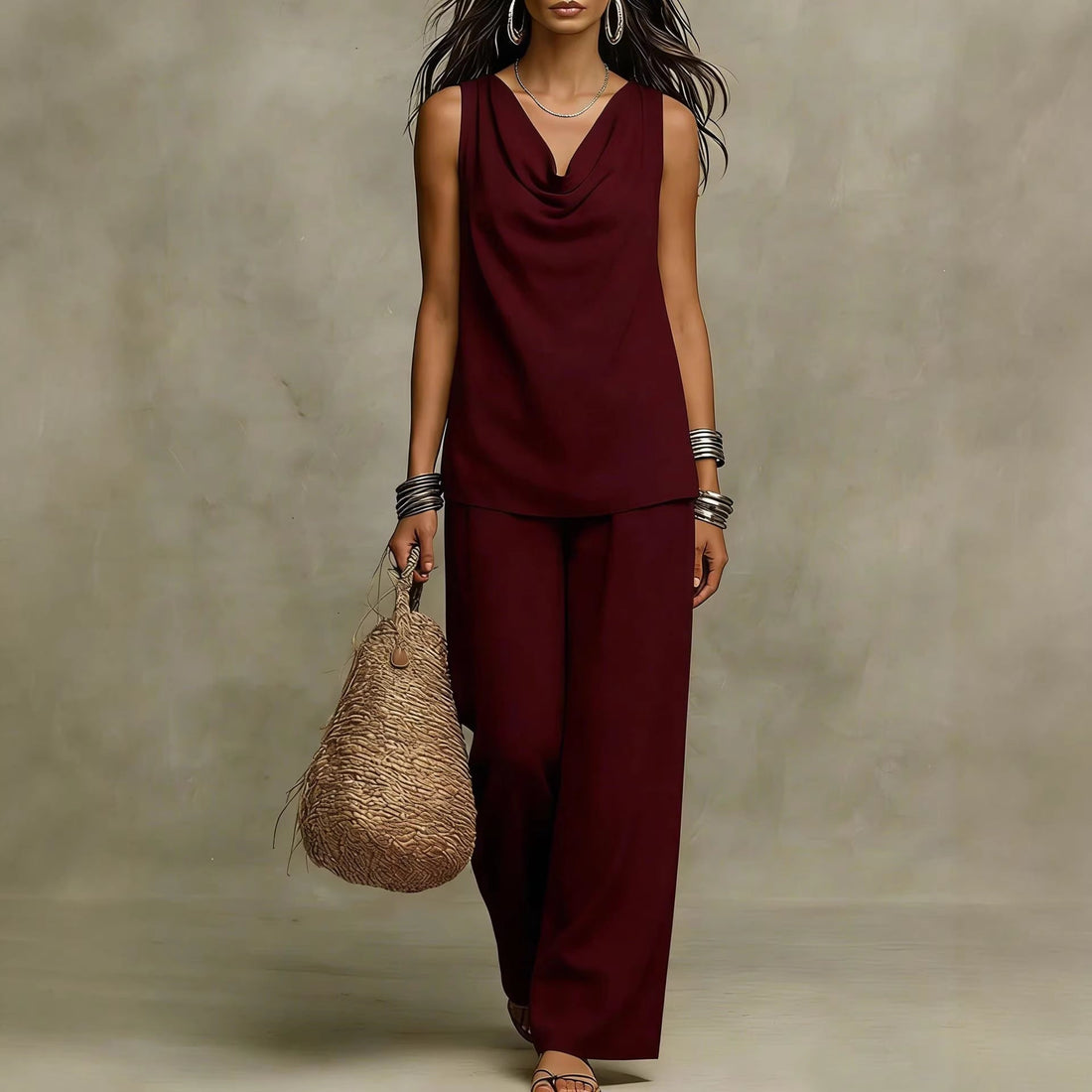 Women's Cowl Neck Sleeveless Tank and Wide Leg Pant Set - Image 5
