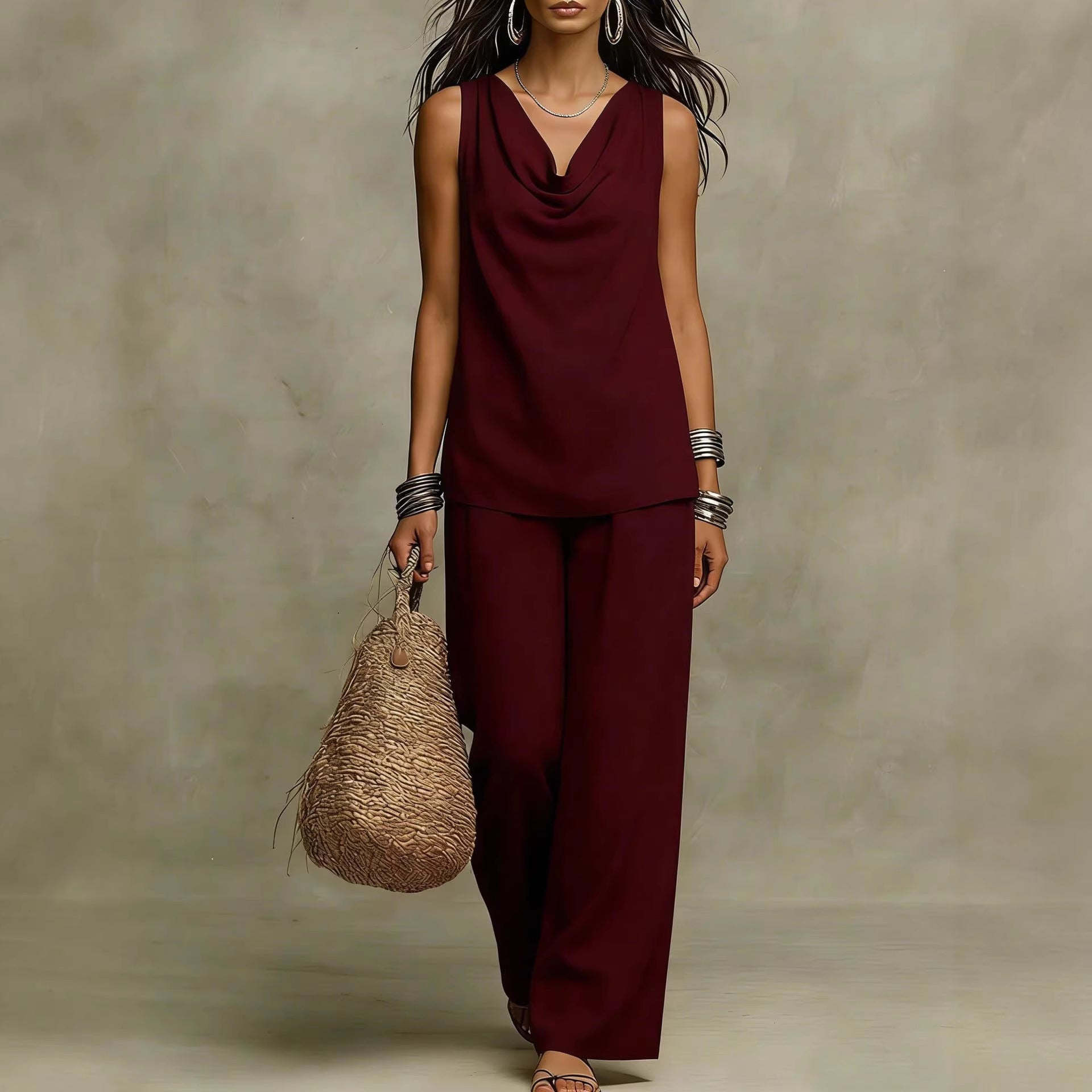 Women's Cowl Neck Sleeveless Tank and Wide Leg Pant Set - Image 5