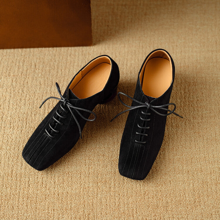 Women's Brown Suede Square Toe Lace-Up Mid Chunky Heel Pumps - Image 6