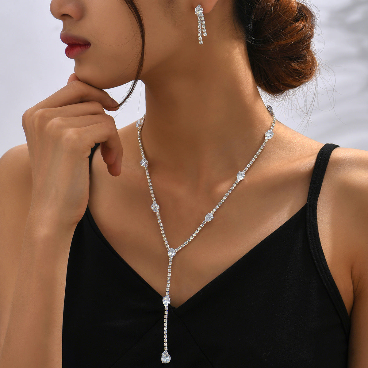 Women Graduated Teardrop Y Lariat 2Pcs Jewelry Set, Thin Single Row CZ Tennis Necklace Matching Vertical Waterdrop Dangle Earrings Gold Rhodium Two Tone Plated For Wedding Valentine Daily Gift