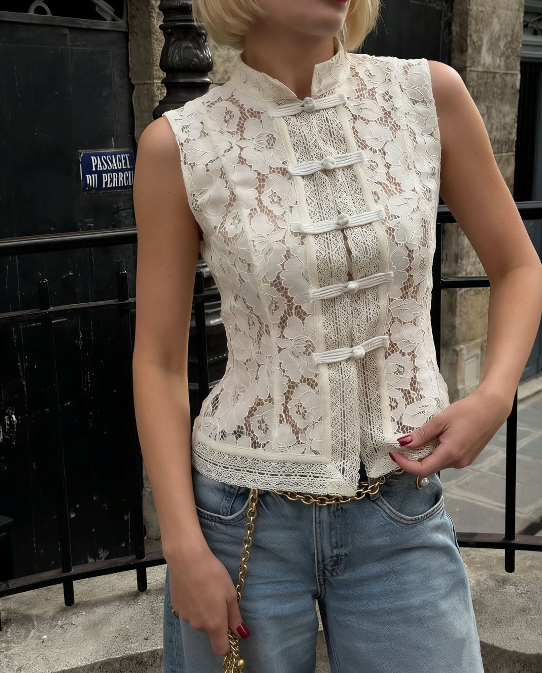 Floral Lace Crochet Sleeveless Top with Mandarin Collar - Image 7