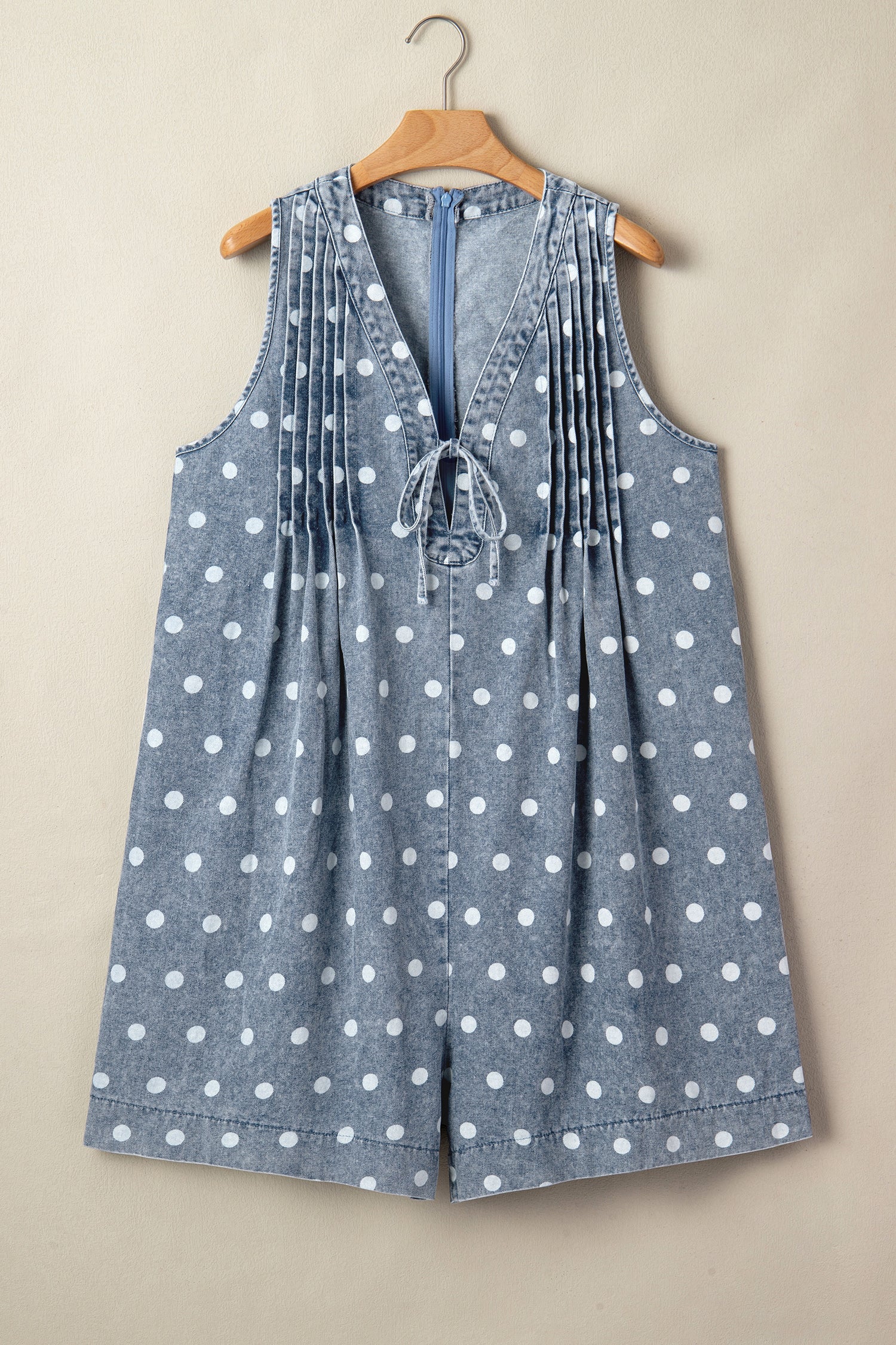 Lexi Tie Pleated Loose Romper in Blue Polka Dot Denim