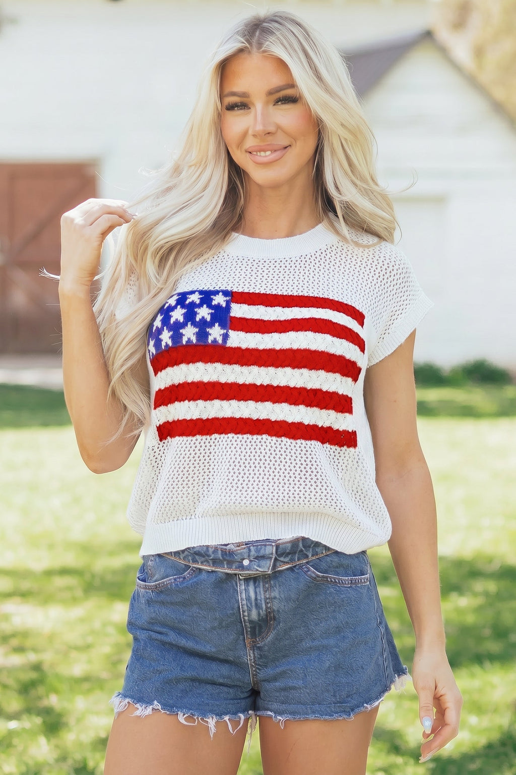 USA Flag Crochet Short Sleeve Sweater Top