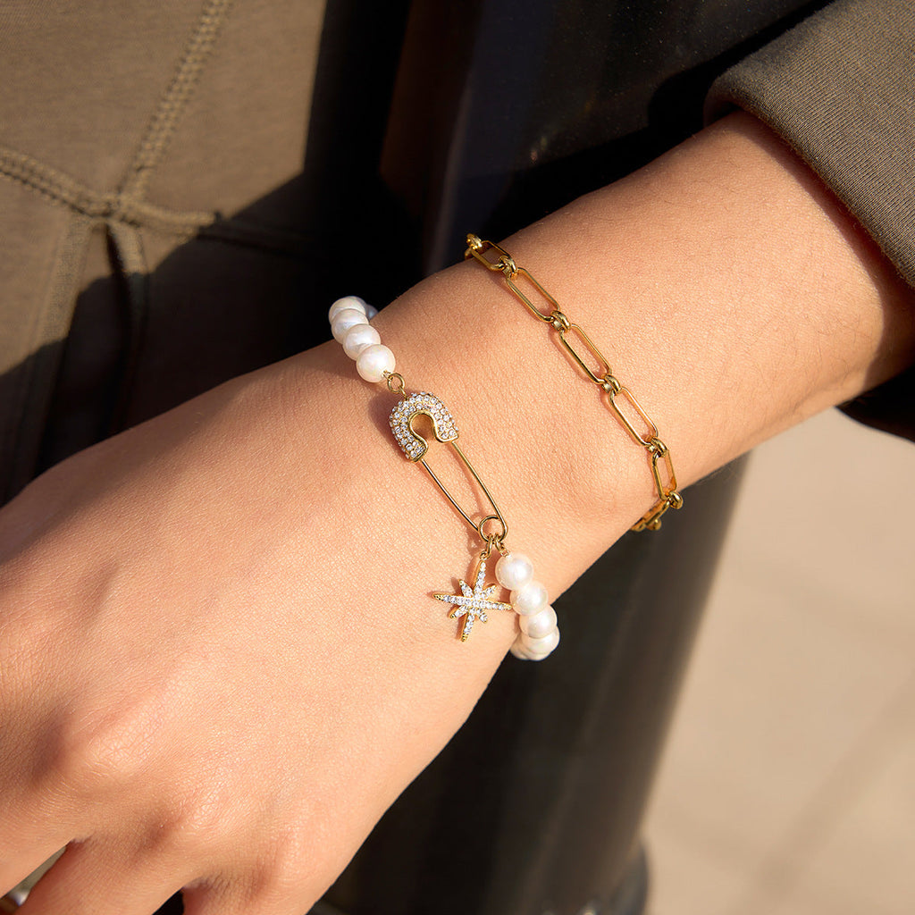 Gold Star and Pearl Charm Bracelet in Stainless Steel with Zircon