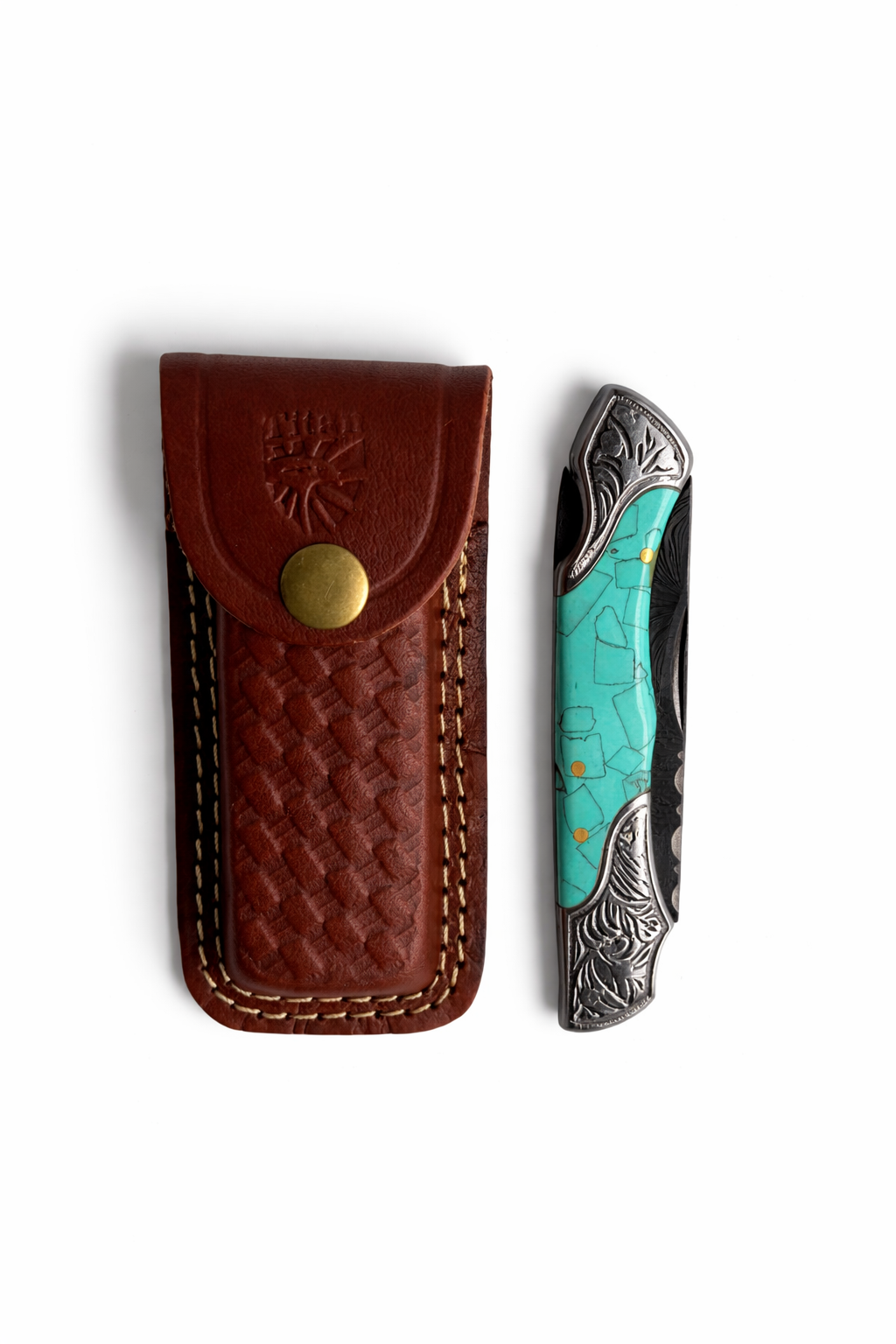 Turquoise Crest Damascus Steel Folding Knife Sharp Pocket Tool