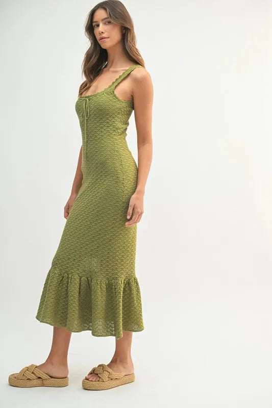 Olive Green Crochet Knit Midi Dress with Ruffled Hem