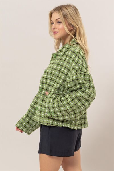 Green Tweed Plaid Button Up Collared Jacket for Women