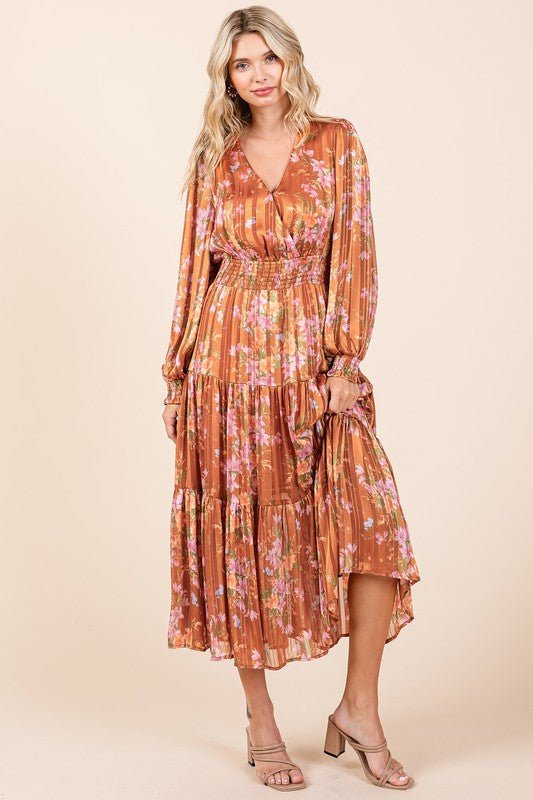 Floral Satin Lurex Stripe Smocked Midi Summer Dress