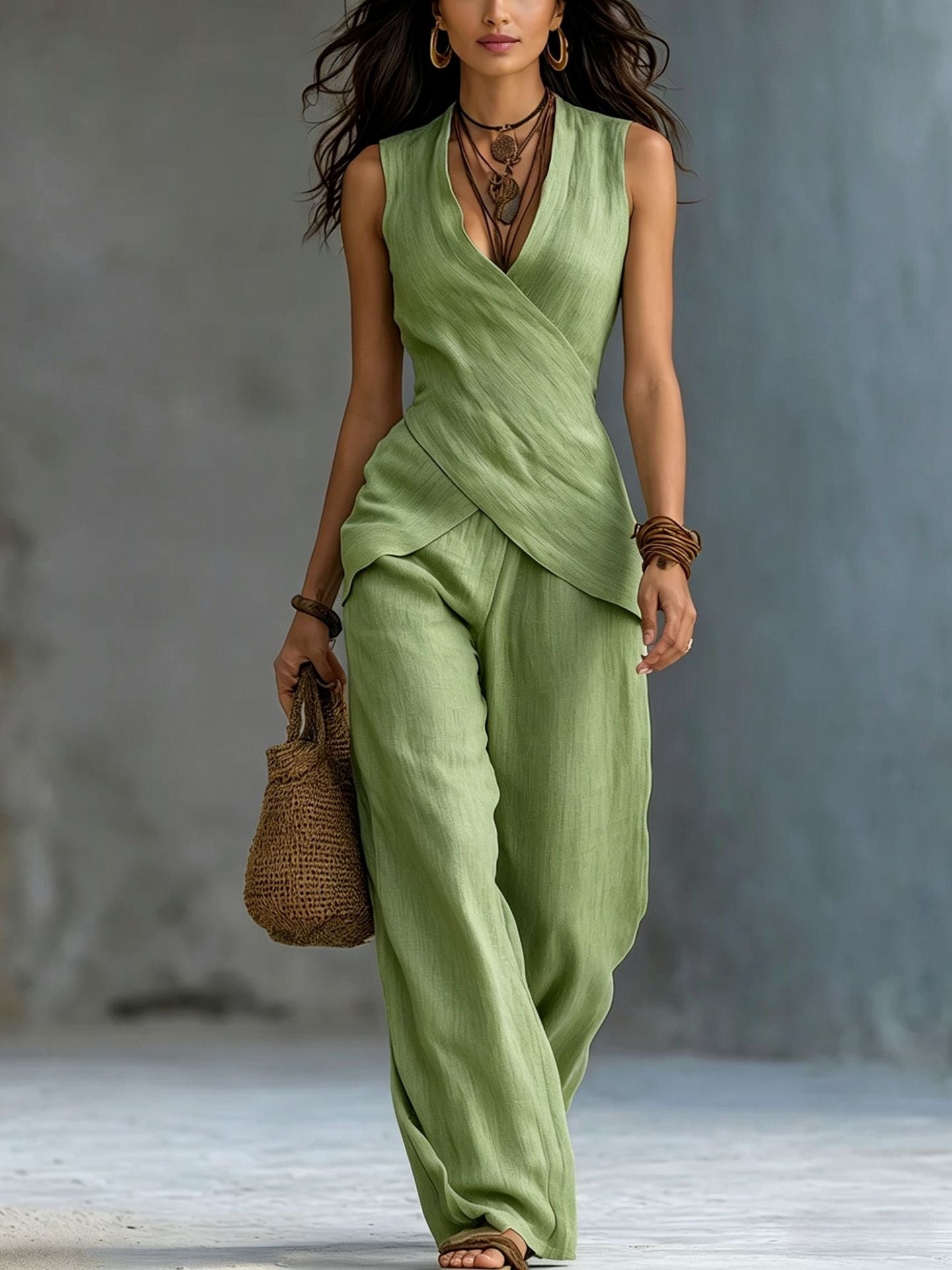 Women's Linen V-Neck Crossover Tank & Casual Trousers Set