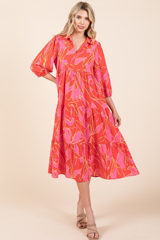 Summer Tiered Printed Collared Midi Dress with Feminine Flair