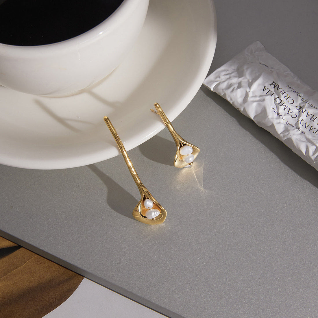 Gold Pearl Calla Lily Drop Earrings in Nature-Inspired Design