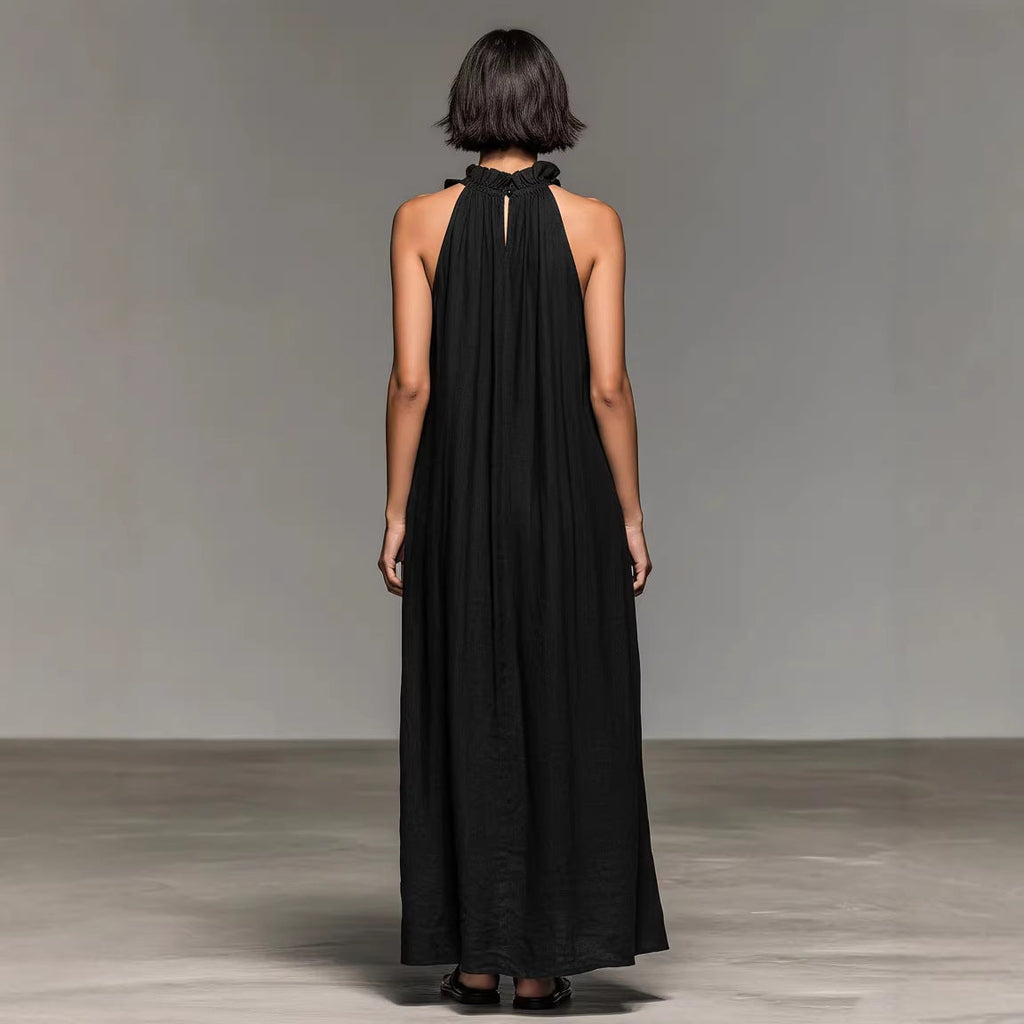 Women's Black Ruffled Halterneck Sleeveless Maxi Dress - Image 3