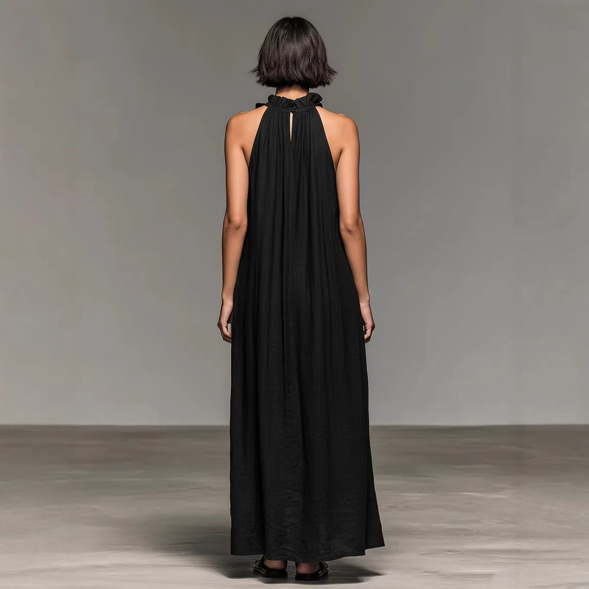 Women's Black Ruffled Halterneck Sleeveless Maxi Dress - Image 3