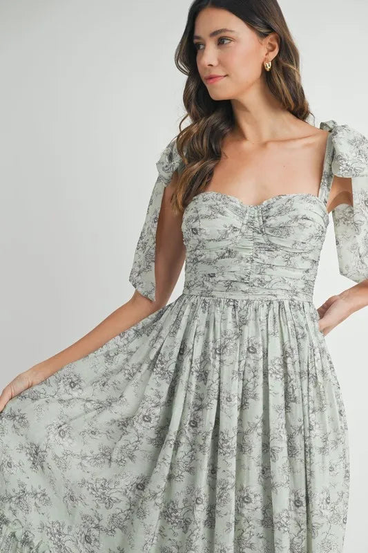 Floral Bust Ruched Midi Dress with Shoulder Tie