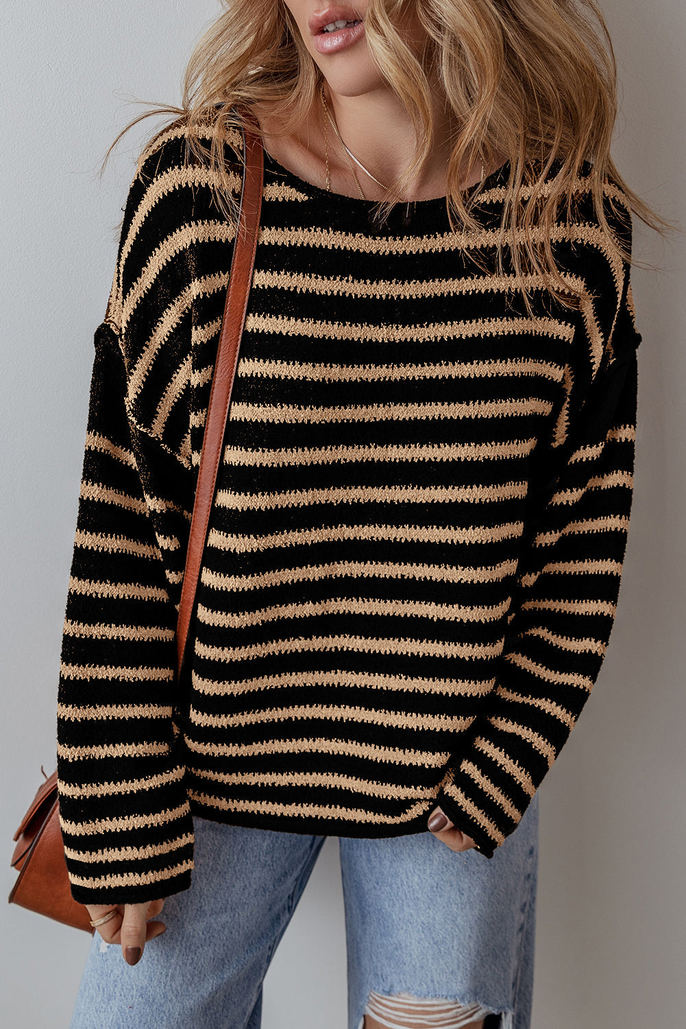 Wren Black and Beige Striped Drop Shoulder Knit Sweater