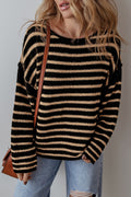 Wren Black and Beige Striped Drop Shoulder Knit Sweater