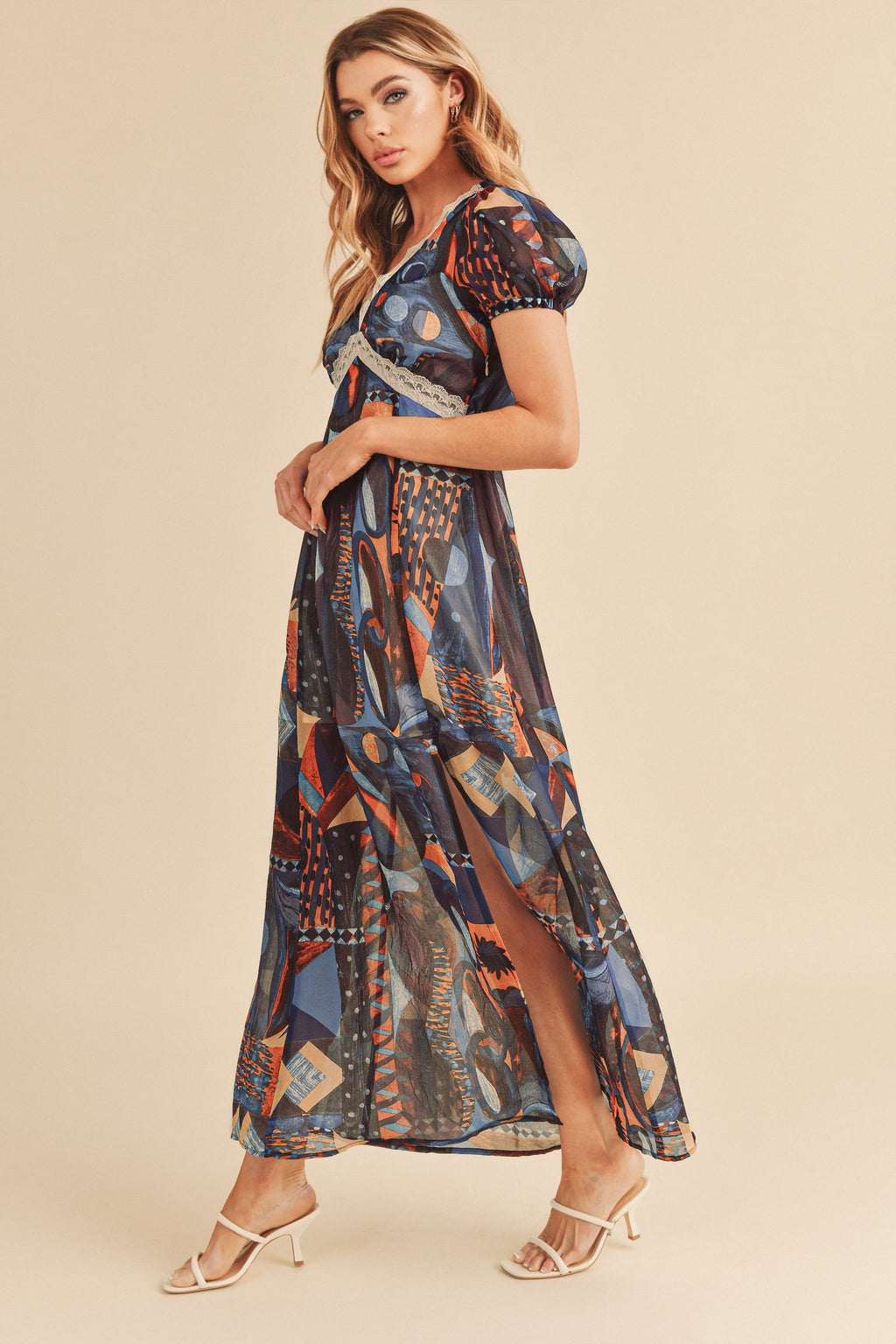 Geometric Print Maxi Dress with Lace Detail and Slit