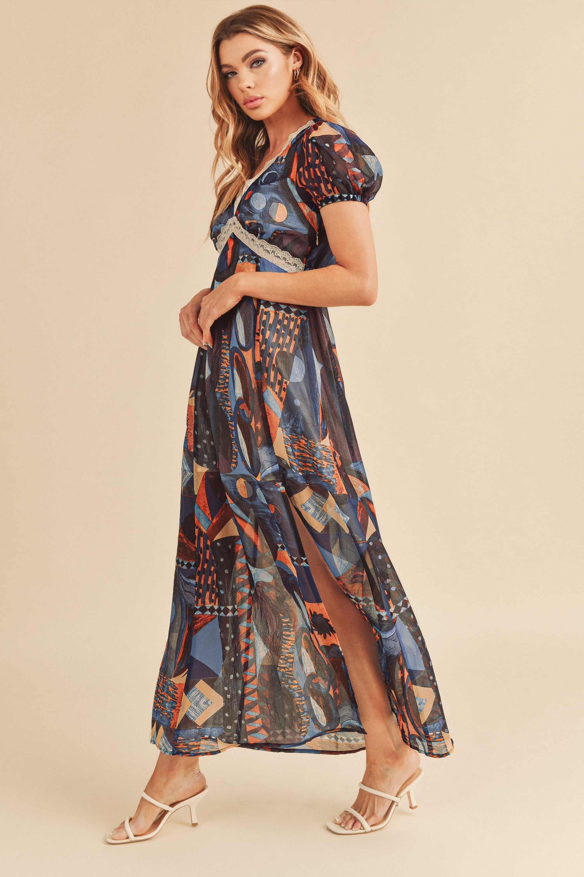 Geometric Print Maxi Dress with Lace Detail and Slit