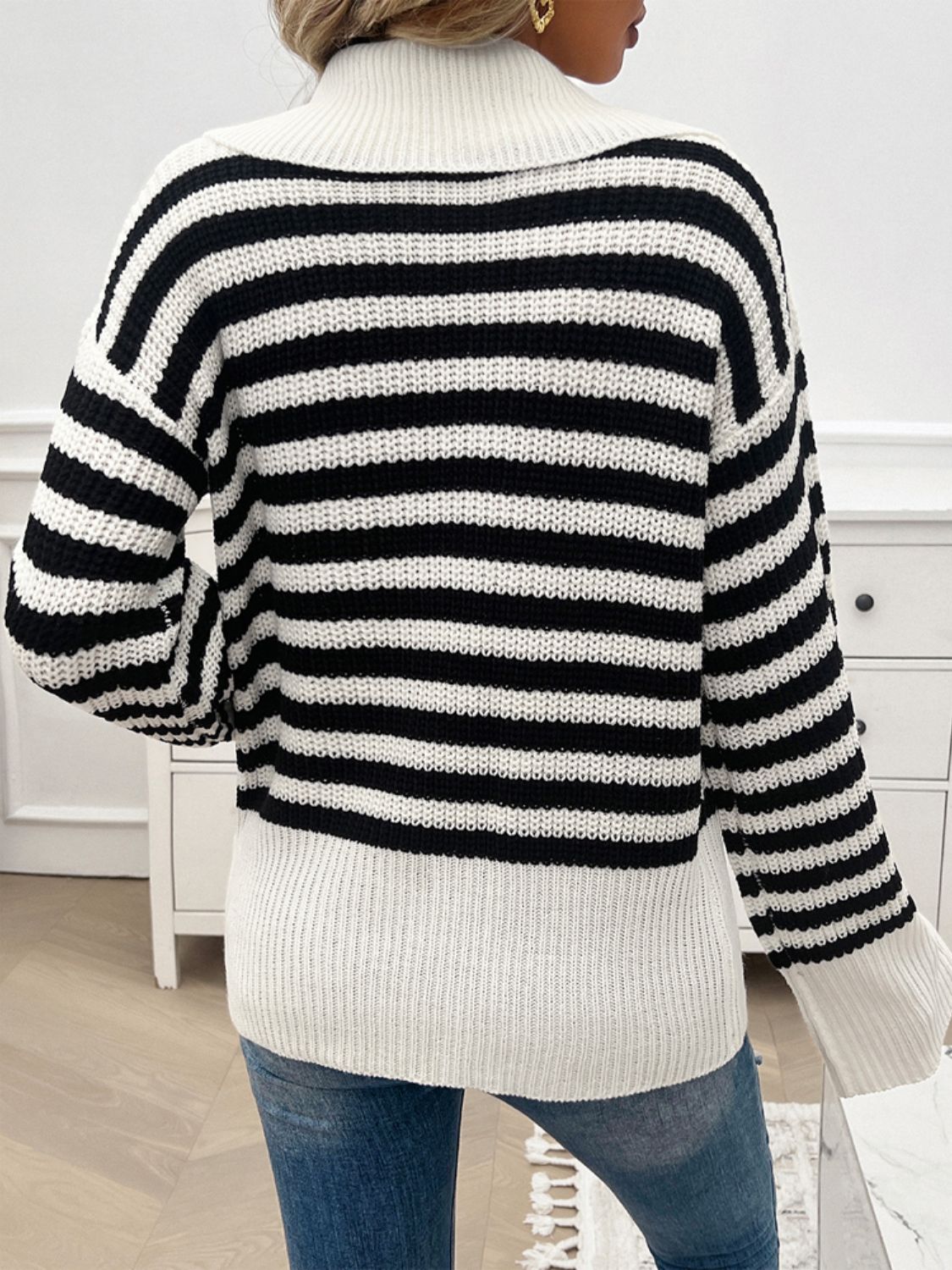 Women's Collared Striped Knit Sweater in Brown and White - Image 15