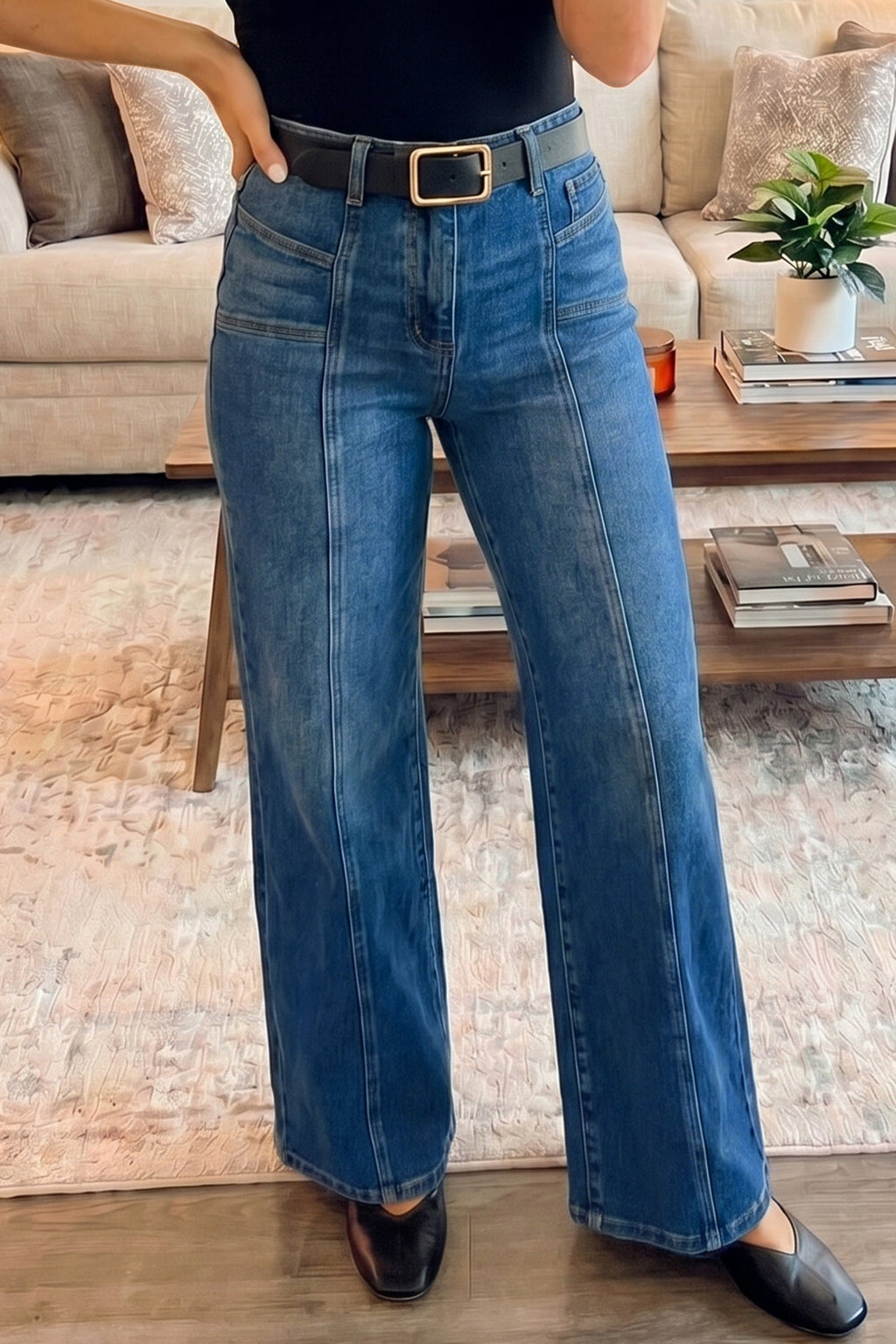 Yusra blue denim shift jeans featuring seam detailing and front/back pockets